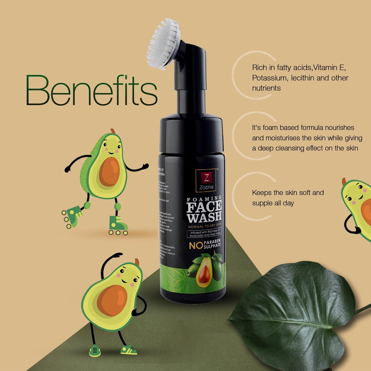 Zobha® Avocado and Alovera Foaming Face Wash With Attached Silicon Brush For Deep Cleansing